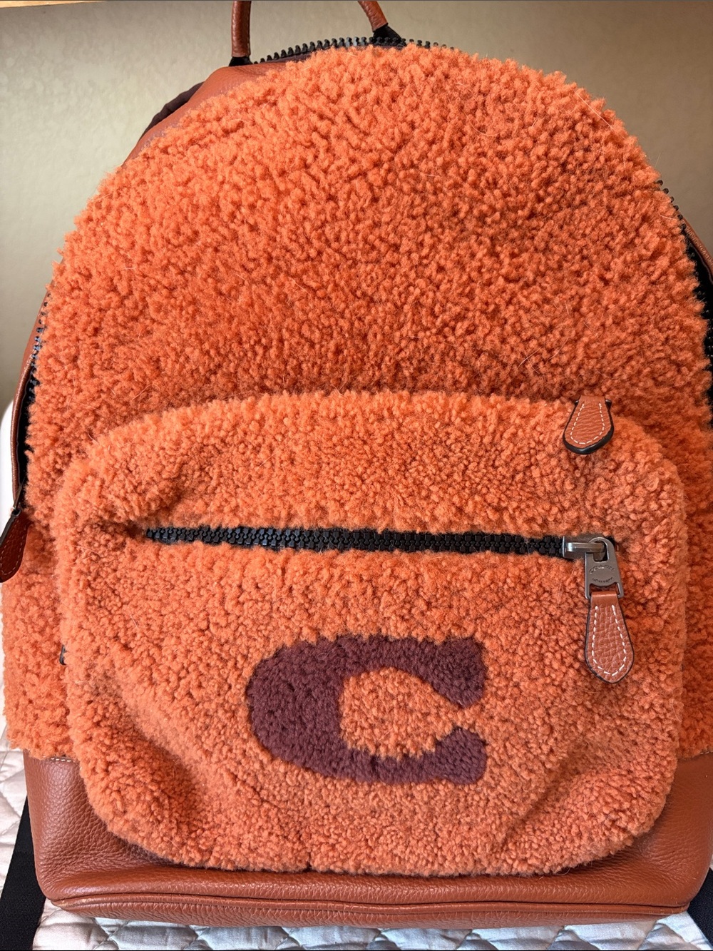 Coach Rust Orange Leather-Trim Sherpa Backpack